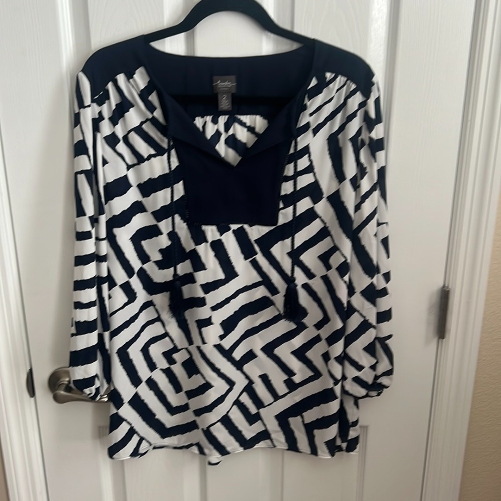 Chico's Travelers Ladies‎ Navy & White Size 2 Large Tunic Blouse Tassels